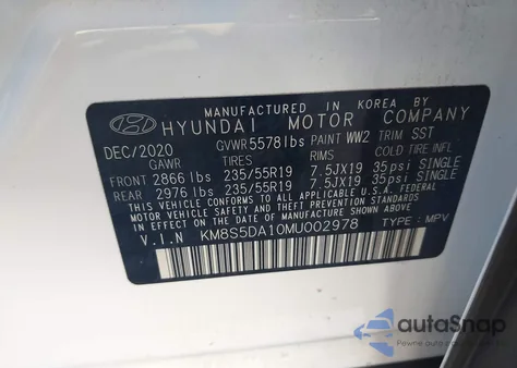 2021 Hyundai Santa Fe Limited from USA, damaged, VIN KM8S5DA10MU002978
